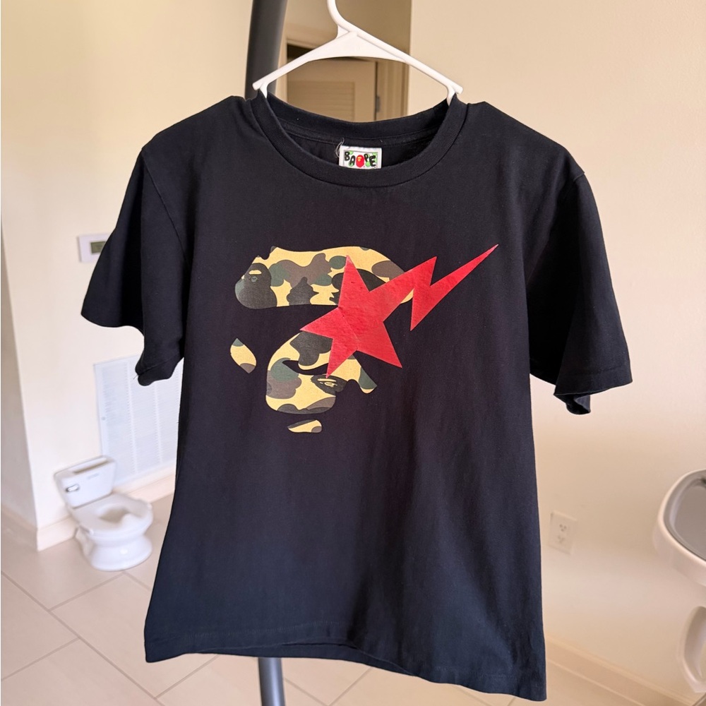 Bape Black Tee with Camo Ape Head & Red Star